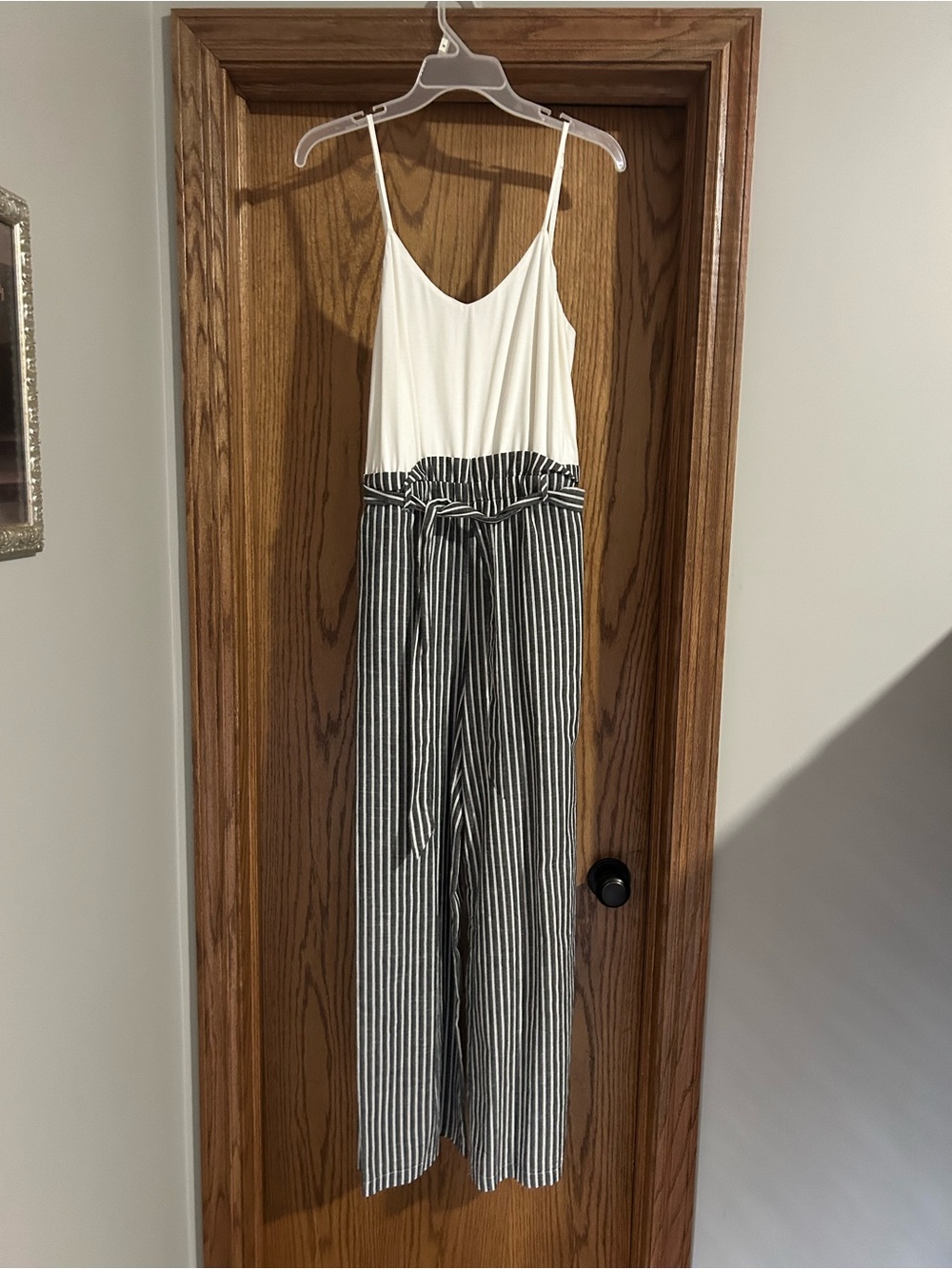 White & Black Striped Paperbag-Waist Jumpsuit